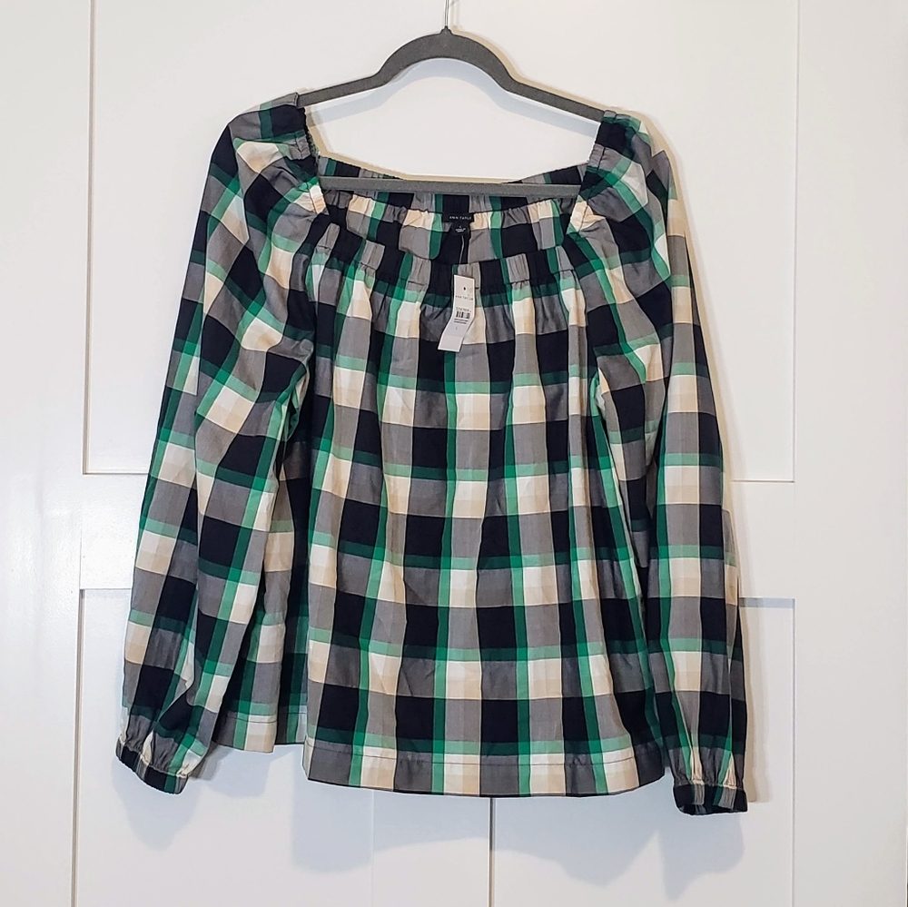 Ann Taylor Plaid Ruched Square Neck Top Size Large Black Green White Bra…